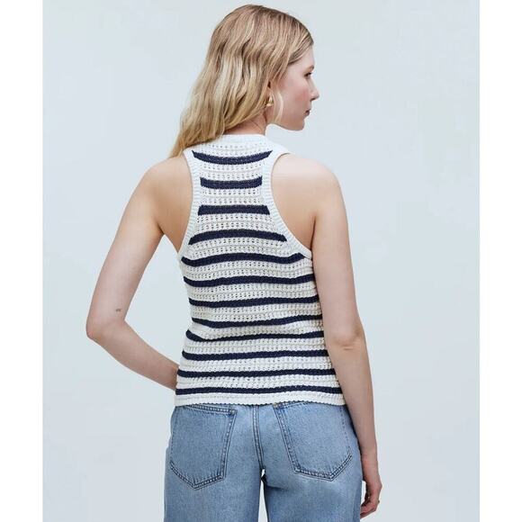 Madewell Crochet-Knit Crewneck Sweater Tank In Bright Ivory Navy Size S - Picture 2 of 7
